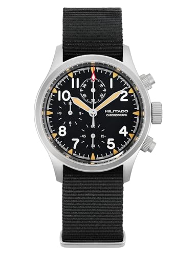 TACTICAL FROG Militado Watches Military Chronograph with Date Sapphire Crystal 39mm Pilot VK61 Quartz 100M Waterproof Wristwatches, Black Nylon Strap