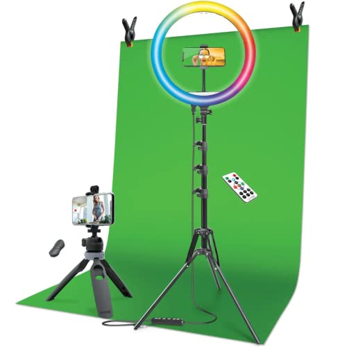 Content Creators kit | Ring Light RBG Color Change + Green Screen | Bonus Phone Mount Included