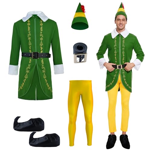 Budby the Elf Costume Mens Christmas Elf Costume Cosplay Full Set Holiday Party Costumes (Small)