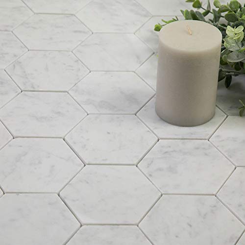 Soulscrafts Italian White Carrara Marble 4 Inch Hexagon Mosaic Tile Matte for Kitchen Backsplash Bathroom Wall & Floor Tile 5 Sheets/Box