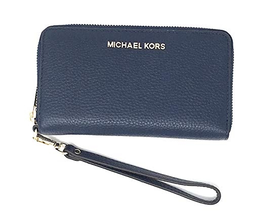 Michael Kors Jet Set Travel Large Flat Multifunction Phone Case Wristlet Pebble Leather (Navy)