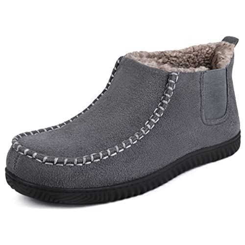 ULTRAIDEAS Men’s Cozy Moccassin Slippers with Memory Foam and Warm Wool-Like Lining, Suede House Shoes with Nonslip Rubber Sole for Indoor/Outdoor, Grey,10