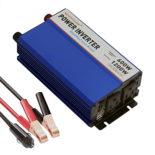 MOVFFGGRM 600W Modified sine Wave Power Inverter,Peak 1200 watt, Car 12V DC to 110V AC Converter 4.8A Quick Charge USB Ports Car Charger,Type-C Port Plug Outlet,Power Inverters for Vehicles
