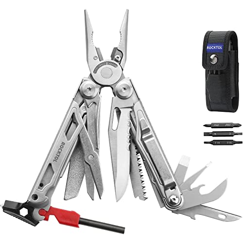 ROCKTOL Multitool, 22-in-1 Camping Multitool Pliers with Fire Starter, Emergency Whistle, Glass Breaker, Safety Locking and Nylon Sheath for Survival, Camping, Hunting, Hiking