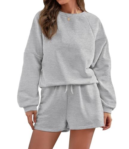 Women 2 Piece Outfits Sweatsuit Oversized Sweatshirt Lounge Sets 2023 Fashion Long Sleeve Shorts Matching Sets with Pockets, A-Light Grey M