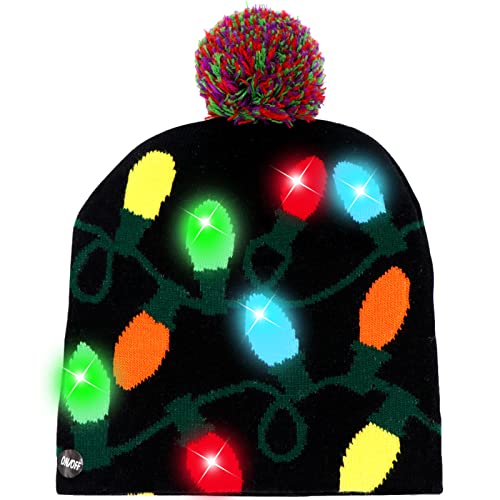OurWarm LED Christmas Beanie Light up Christmas Hats, Knit Hats with 6 Colorful LED Lights, Unisex Winter Snow Hat Sweater Ugly Holiday Hat Party Beanie Cap Black