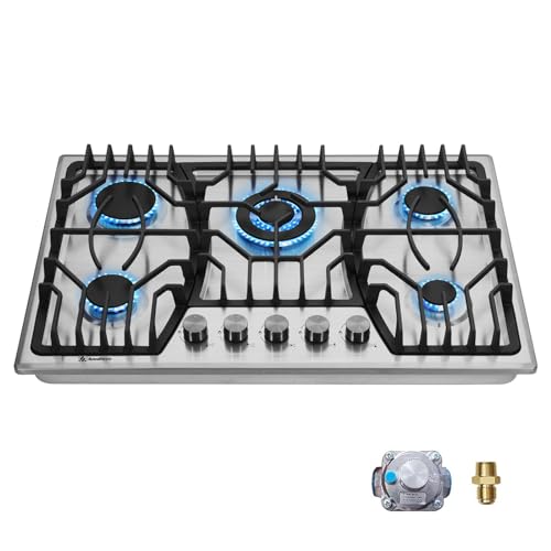 Amdievc 5 Burner Gas Cooktop 30 inch with Thermocouple Protection, Stainless Steel Gas Stove Top for Kitchen, Natural Gas/Propane Gas Convertible