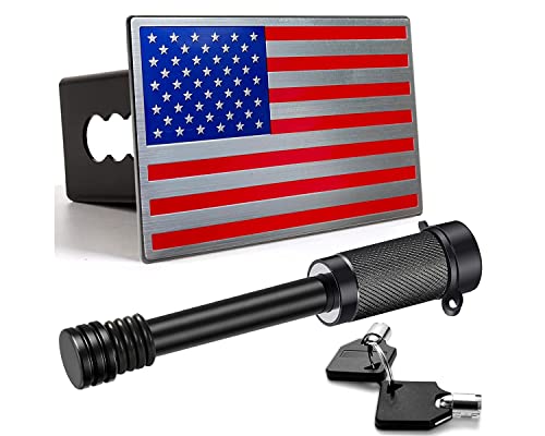 Heavy American Flag Metal Trailer Hitch Cover for 2 inch Receivers（with 5/8-Inch Pin Diameter Trailer Hitch Lock ） (red)