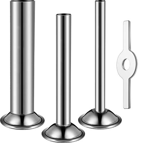 Mudder 4 Pieces Sausage Maker Kit Include 3 Pieces Sausage Stuffer Tubes Stainless Steel Grinder Stuffer Tubes in 3 Sizes with Stainless Steel Sausage Stuffer Ring for Size 5 Meat Grinder Food Grinder