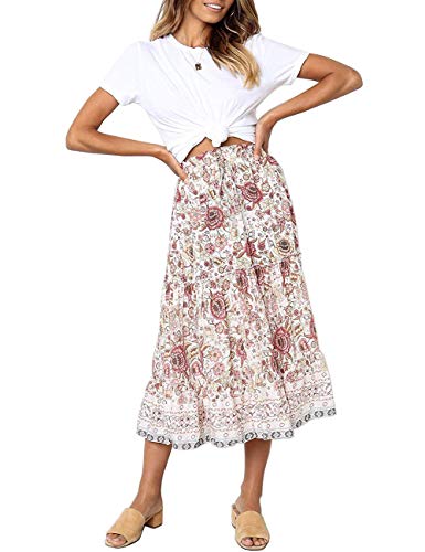 MEROKEETY Women's Boho Floral Print Elastic High Waist Pleated A Line Midi Skirt White