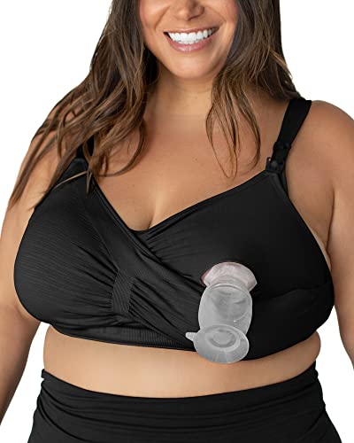 Sublime Busty Hands Free Pumping Bra | Patented All-in-One Pumping & Nursing Bra with EasyClip for F, G, H, I Cup (Black, Large-Busty)