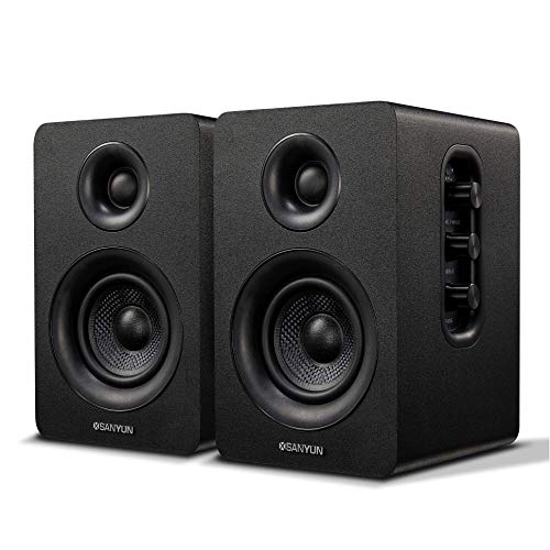 Sanyun SW208 3' Active Bluetooth 5.0 Bookshelf Speakers – 60W Carbon Fiber Speaker Unit - Built-in 24bit DAC - Dynamic 3D Surround Sound – 2.0 Computer PC Monitor Gaming Speakers (Pair, Black)