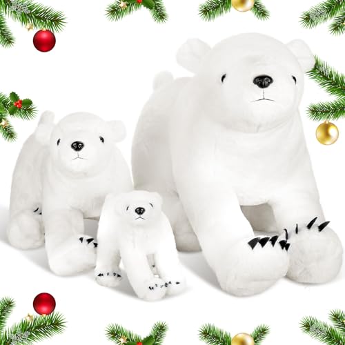 Leyndo 3 Pcs Giant Polar Bear, Polar Bear Stuff Animal Plush Toy (3/2/1 Feet Long), Cute Soft Jumbo Polar Bear for Birthday Wedding Christmas Party Favor Gift White