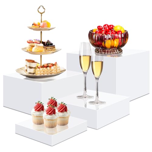 4 Pcs Acrylic Risers for Display White Risers Buffet Risers Dessert Display Stand Hollow Bottoms 4 Different Size Cube Acrylic Product Display Risers for Party Decor