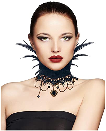 L'VOW Black Feather Choker Necklace Gothic Jewelry Vampire Neck Chain Steampunk Tattoo Lace Accessories Halloween Costume(Black-2)
