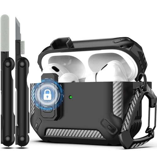 RFUNGUANGO for AirPods Pro 2nd Gen Protective Case with Cleaning Kit, Military Hard Case with Lock for AirPod Gen 2 Charging Case 2023, 2022, Black