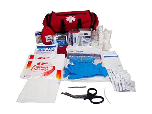 Line2design Emergency Fire First Responder Kit - Fully Stocked EMS Supplies First Aid Rescue Trauma Tactical Bag - EMS EMT Paramedic Complete Lifeguard Medical Supplies for Natural Disasters - Red