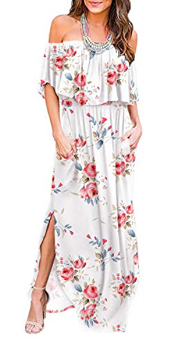 LILBETTER Women Floral Print Off Shoulder Maxi Dresses (F White,Small)