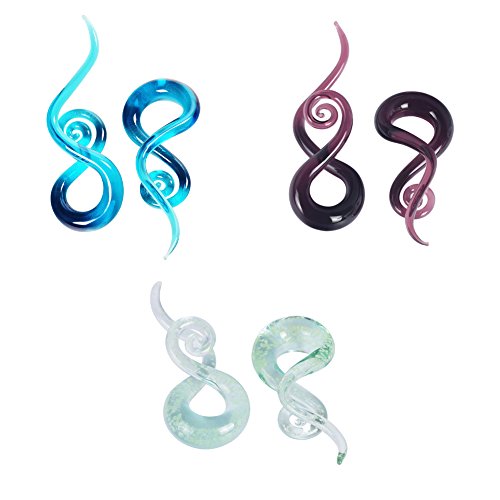 YOFANST Ear Stretching Glass Spiral Tapers Gauges 00g 6pcs Blue, Glow in the Dark, Purple