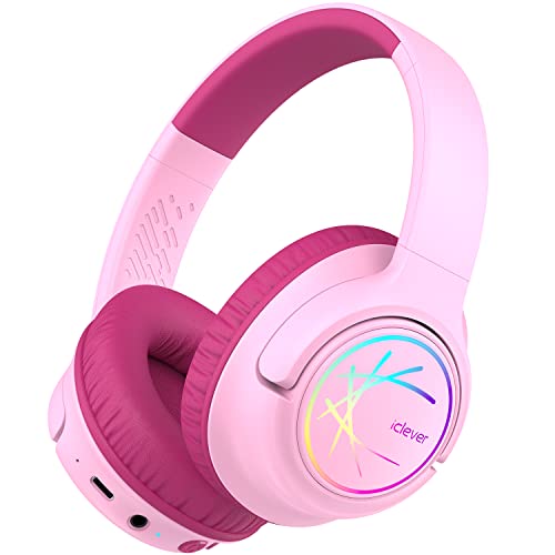 iClever BTH18 Wireless Kids Headphones, Pink, 80dB Volume, LED Lights, 43-Hour Playtime, Foldable Design, Unisex