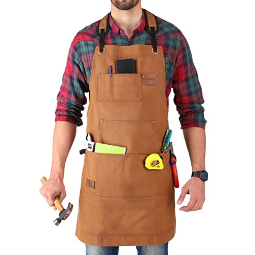 WHITEDUCK Work Apron 24oz Woodworking Apron for Men Waxed Heavy Duty Canvas Apron with Pockets (Brown)