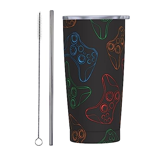 Kuilepa Gamepad Joystick Game Stainless Steel Vacuum Insulated Coffee Cup 20 Oz Lids And Straws,Insulated Travel Mug Water Cup With Leak-Proof Straw Lid & Flip Lid,1 Metal Straws,1 Cleaning Brush