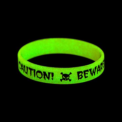 Fun Express GID Caution Rubber Bracelets for Halloween - Jewelry - Bracelets - Rubber Bracelets - Halloween - 12 Pieces