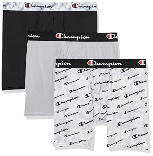 Champion Men's Underwear Boxer Briefs, Total Support Pouch, Assorted 3-Pack, Grey Print with Script Logo/New Ebony/Silverstone-3 Pack, Medium