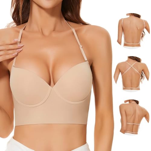 Low Back Bras for Women, Seamless Underwire Invisible Backless Bras, Multi-Way Convertible Straps Low Cut Bras Halter Bras (Nude, Large)