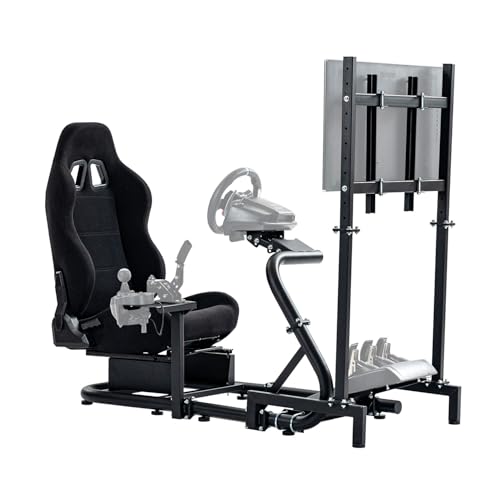 Anman Inspired Racing Sim Simulator Cockpit with Black Seat with Display Stand fit for Logitech Thrustmaster Fanatec G29,G25,G920,G923,T80,T150,T248,NOT Include Wheel Shifter Pedals