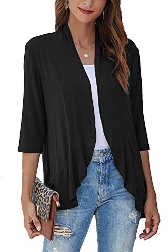Bluetime Soft Cardiqans for Women Short Casual Lightweight Duster Fall 3/4 Sleeves Open Cardigan Sweaters (S,Black)