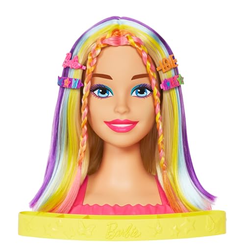 Barbie Doll Deluxe Styling Head with Color Reveal Accessories and Straight Blonde Neon Rainbow Hair, Doll Head for Hair Styling