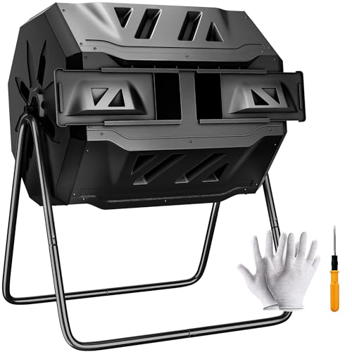 F2C Compost Bin Outdoor Dual Chamber Tumbling Composter 43 Gallon BPA Free Large Tumbler Composters Tumbling or Rotating w/Sliding Doors & Solid Steel Frame Garden Yard (Black)¡­