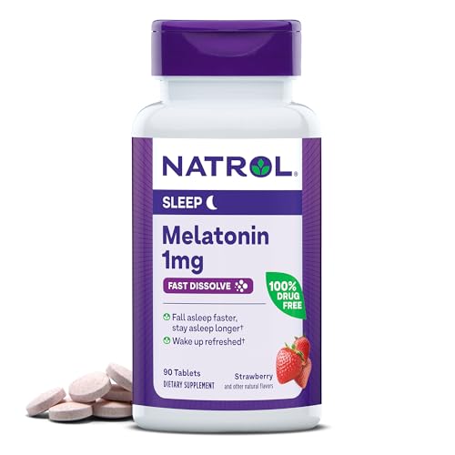 Natrol Melatonin 1mg, Strawberry-Flavored Dietary Supplement for Restful Sleep, 90 Fast-Dissolve Tablets, 90 Day Supply