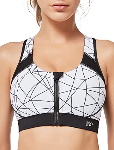 Yvette Women Racerback Sports Bras for High Impact Workout Fitness Front Zip Closure Wirless, Plus Size Zebra White, XL(DF)
