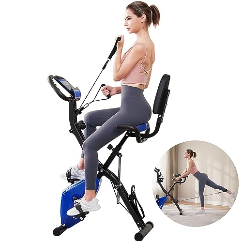 WHTOR Folding Exercise Bike，4 IN 1 Stationary Bike for Home with LCD Monitor / 16-Level Adjustable Resistance Full Body Workout Indoor Foldable Cycling Bike