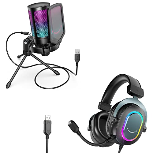 FIFINE Gaming RGB Microphone, Streaming USB Headset, Gamer Bundles for PC PS5, Condenser Mic with Quick Mute, RGB, Wired Headphones with 7.1 Surround Sound, for Discord Twitch Podcasts Videos (A6V+H6)
