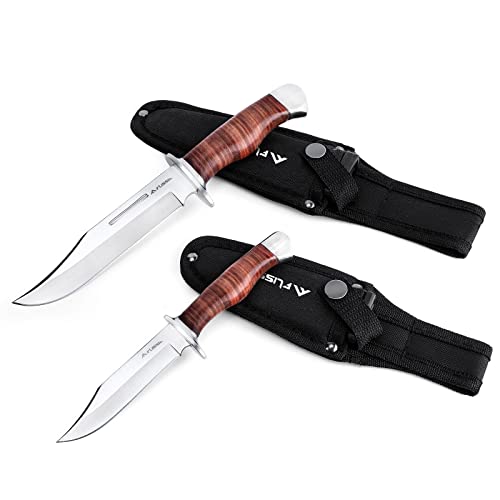 FLISSA 2-piece Bowie Knife with Sheath, Fixed Blade Hunting Knife with Leather Handle for Outdoor, Camping, Survival, Hiking