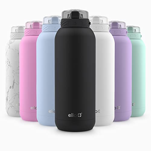 Ello Cooper Vacuum Insulated Stainless Steel Water Bottle with Soft Straw and Carry Loop, Double Walled, Leak Proof, Black, 32oz