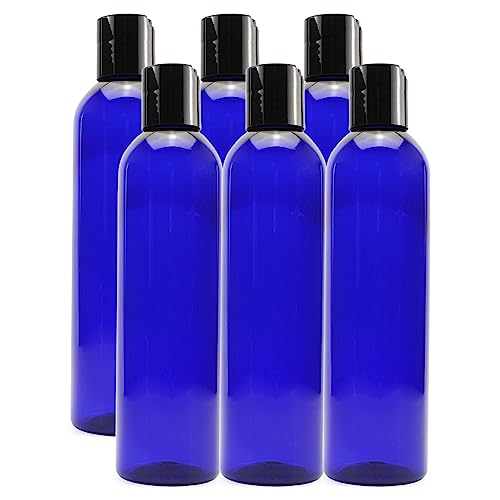 Cornucopia 8oz Plastic Squeeze Bottles w/Disc Top Flip Cap (6-Pack, Blue); BPA-Free Containers For Shampoo, Lotions, Liquid Body Soap, Creams
