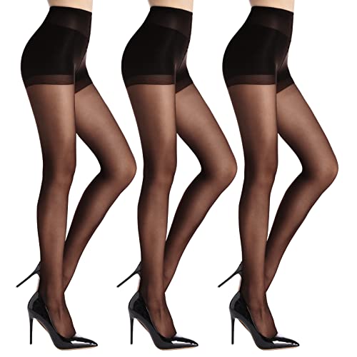 HA WA Black Tights for Women, 3 Pairs Sheer Tights with Control Top Pantyhose