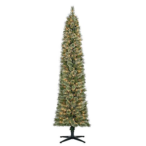 Home Heritage Stanley 7 Foot Pencil Pine Artificial Christmas Tree Prelit with 350 White Incandescent Lights, 335 PVC Foliage Tips, Metal Stand, Green