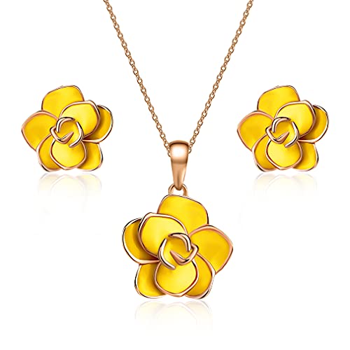 EVEVIC Rose Flower Necklace Earrings Set for Women 18K Gold Plated Hypoallergenic Jewelry Sets (Yellow)