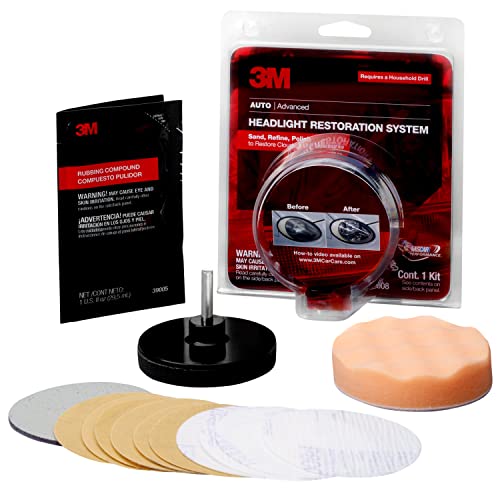 3M Headlight Lens Restoration System, Remove Harshest Yellowing, Includes 500 & 800 Grit Sanding & Refining Discs, 3M Rubbing Compound and Drill Pad Holder, Restore Clearness (39008)
