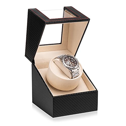 Efaithtek Automatic Single Watch Winder in Black Carbon Fiber Leather with Japanese Quiet Motor，AC Adapter or Battery Powered