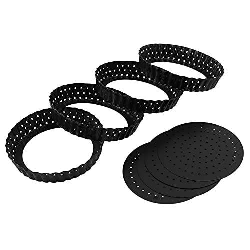 Huusuei 4 Pack Quiche Tart Pans, 5 Round Perforated Pizza Baking Moulds, Non-Stick Tart Tin with Holes for Cakes, Tarts, Quiches