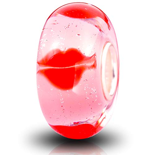 Red Hot Kisses Charms Handmade Murano Glass Bead Fits Pandora Bracelet 925 Sterling Silver Women Bracelets Lipstick Charms for Wife/Mom/Valentine.