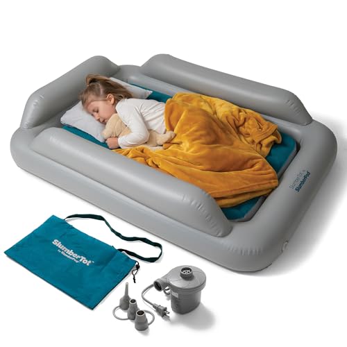 SlumberPod SlumberTot Inflatable Toddler Travel Bed - Portable Kids Air Mattress with Safety Bumpers - Perfectly Sized Ideal for Travel or Home Use - includes Electric Pump