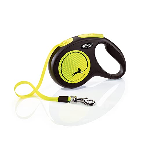 FLEXI New Neon Retractable Reflect Dog Leash (Tape), Ergonomic, Durable and Tangle Free Pet Walking Leash for Dogs, 16 ft, Medium, Neon/Black