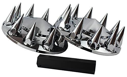 JIUXI ABS Chrome Plastic Front Axle Cover Kits with 33mm Thread-on Nut Covers for Semi Trucks in Pairs (Spiked)